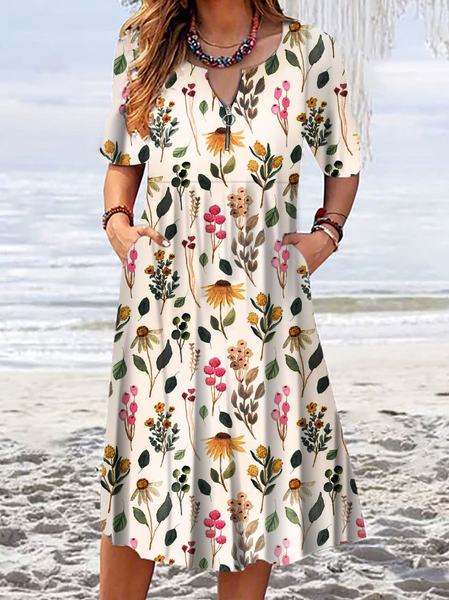 

Floral Short Sleeve Knit Dress, White, Dresses