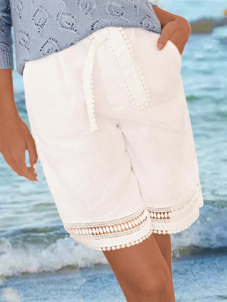 

Plain Cotton Casual Pants, White, Shorts