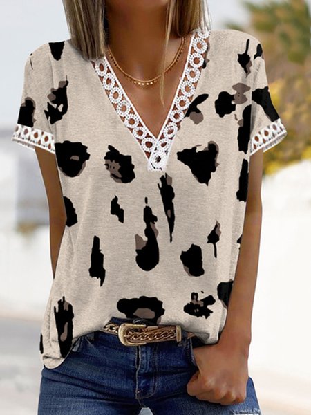 

Leopard Casual V Neck Short Sleeve T-Shirt, T-Shirts
