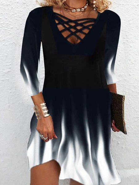 

V Neck Ombre Three Quarter Sleeve Knit Dress, Black-white, Dresses