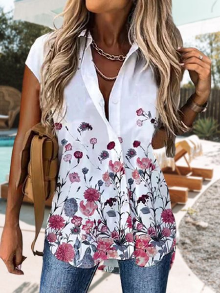 

Casual Shirt Collar Loosen Short Sleeve Blouse, White, Tops