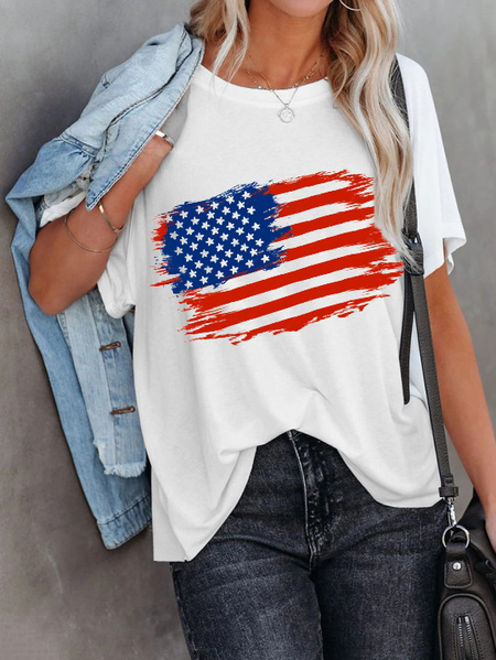 

Casual Flag Loosen Short Sleeve T-Shirt, White, T-Shirts