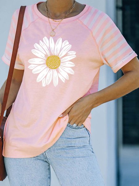 

Sunflower Print Raglan Sleeve Crew Neck T-Shirt, Pink, T-Shirts