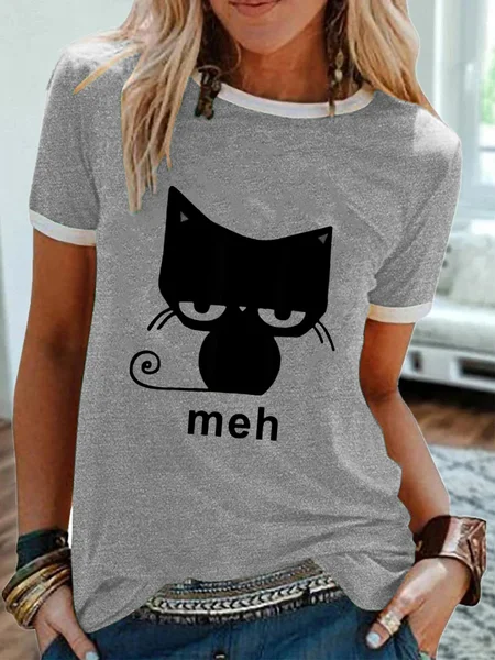 

Meh Black Funny Crew Neck Ringer Tee, Gray, T-shirts