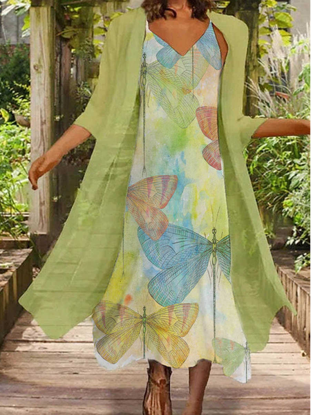 

V Neck Vacation Dragonfly Two Piece Sets, Multicolor, Suit Set