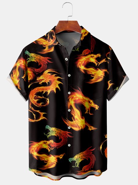 

Dragon Graphic Men's Casual Chest Pocket Short Sleeve Shirt, Black, Men's Floral shirt