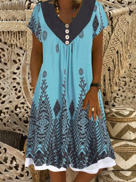 

Boho V Neck Geometric Short Sleeve Knit Dress, Blue, Dresses