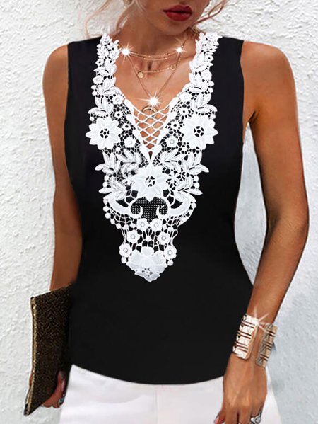 

Sleeveless Top With Black Lace Collar, Tanks & Camis