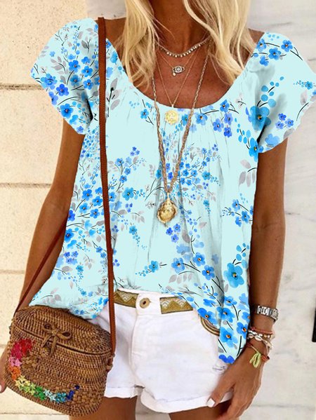 

Casual Crew Neck Vacation Floral Short Sleeve Tops, Blue, Shirts & Blouses