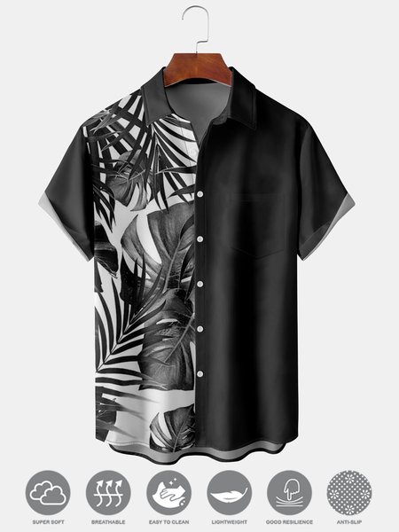 

Men's Leaf Print Moisture Wicking Fabric Fashion Hawaiian Lapel Short Sleeve Shirts, Black, Men's Floral shirt
