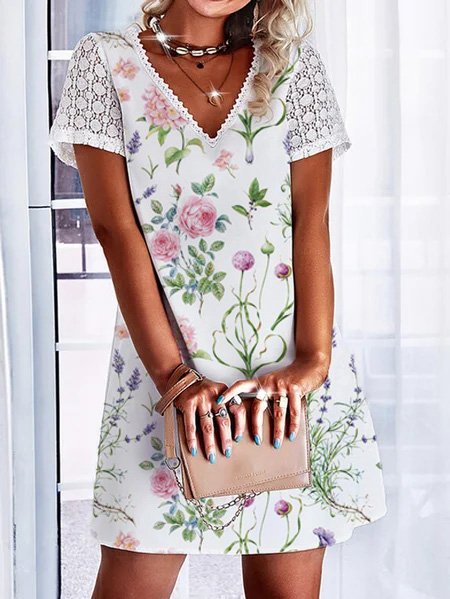 

Loosen V Neck Casual Lace Short Sleeve Woven Dress, White, Dresses