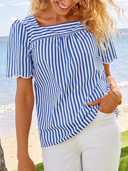 

Geometric Casual Square Neck Short Sleeve Tops, Blue, Shirts & Blouses