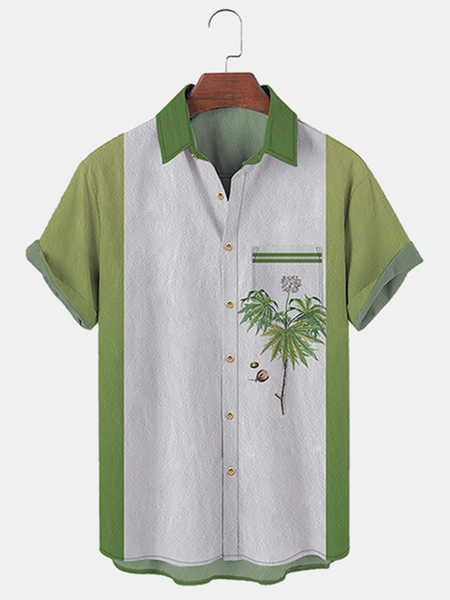 

Cotton Linen Style Botanical Floral Coconut Tree Print Cozy Linen Shirt, As picture, Men's Floral shirt