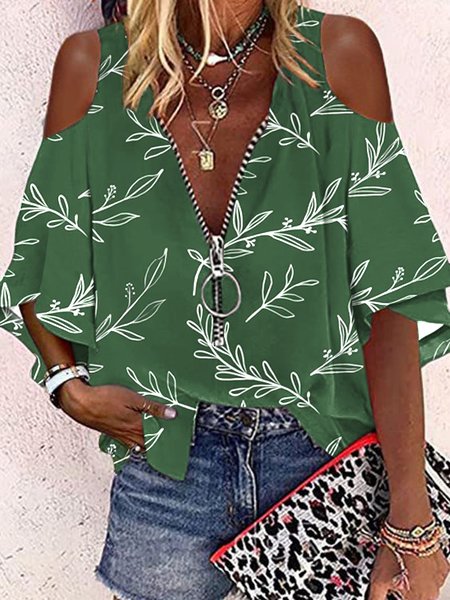 

V Neck Loosen Leaves Short Sleeve Tops, Green, Shirts & Blouses