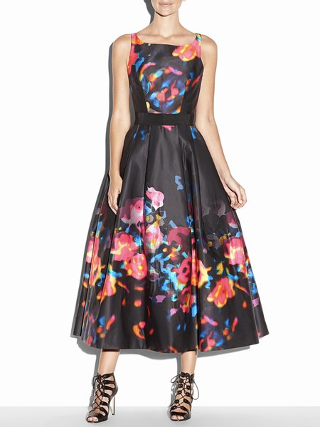 Daily Elegant Regular Fit U-Neck Sleeveless Woven Black Dress, Maxi Dresses