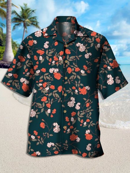 

Mens Retro Floral Print Casual Breathable Short Sleeve Aloha Shirt, Green, Men's Floral shirt