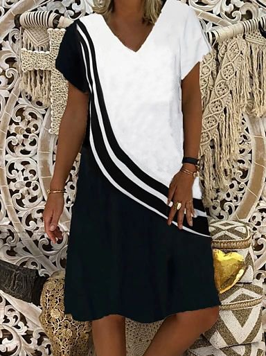 

Regular Fit Cotton Short Sleeve Knit Dress, Black-white, Dresses