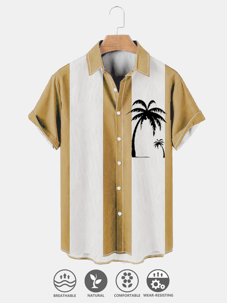 

Cotton Linen Style Botanical Floral Coconut Tree Print Men's Shirt, As picture, Men's Floral shirt