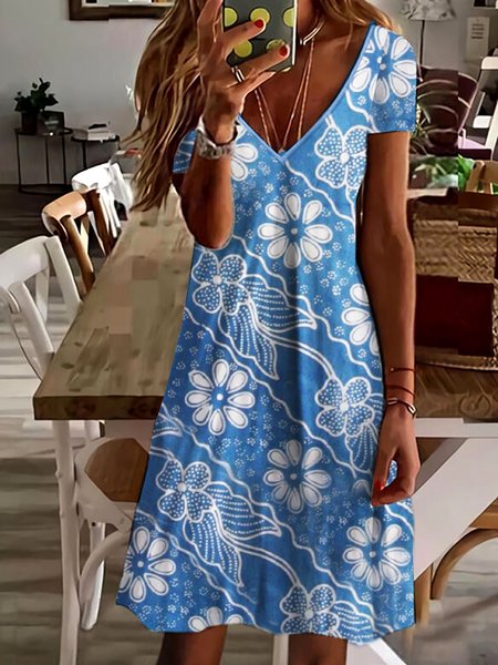 

Denim Blue Floral Design V-Neck Short Sleeve Dress, Dresses