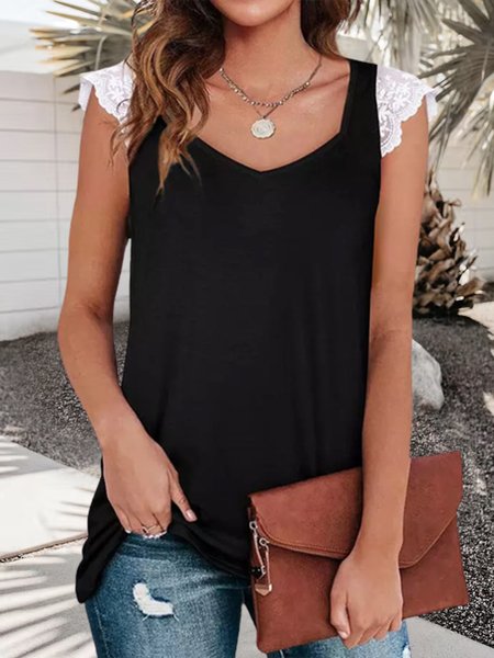 

Loosen V Neck Casual Short Sleeve Tops, Black, Tank Tops & Camis