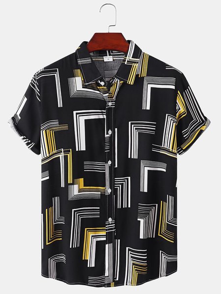 

Short Sleeve Vacation Geometric Cotton Blends Short Sleeve Shirt, Black, Shirts ＆ Blouse