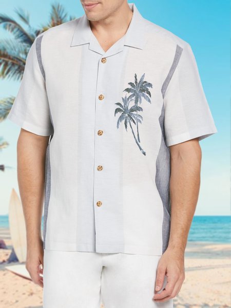 

Vacation Cotton Blends Shirt Collar Coconut Tree Short Sleeve Shirt, Blue, Shirts ＆ Blouse