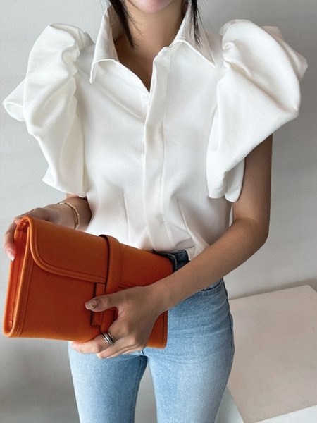 

Regular Fit Shirt Collar Daily Short Sleeve Blouse, White, Blouses and Shirts