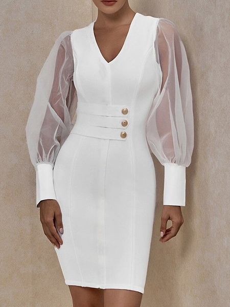 

Summer V neck Lightweight High Stretch Slim Fit Long Sleeve Knit Dress, White, Mini Dresses