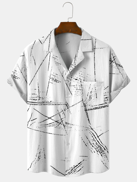 

Cotton and Linen Style American Geometric Stripe Print Linen Shirt, As picture, Men's Floral shirt