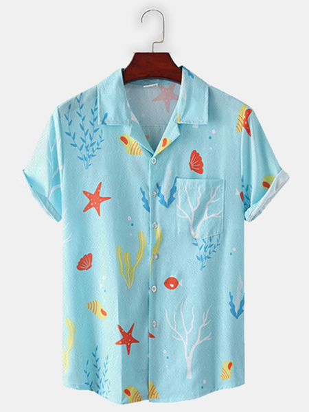 

Cotton Linen Style Underwater World Print Lapel Cozy Linen Shirt, As picture, Shirts ＆ Blouse