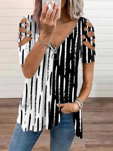 

V Neck Casual Striped Short Sleeve Tops, Black-white, Shirts & Blouses