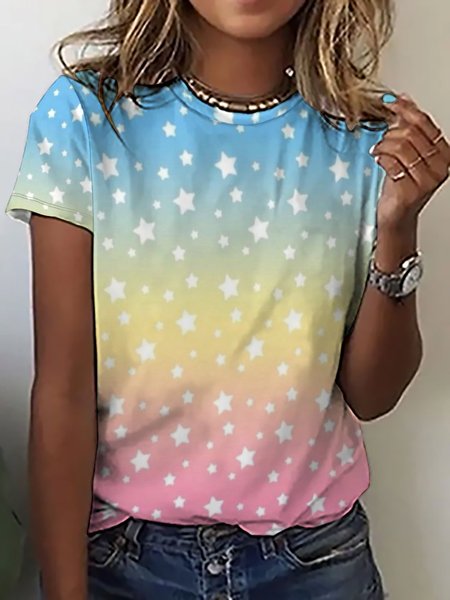

Womens Fancy Print Crew Neck Casual Short Sleeve T-Shirt, As picture, T-shirts