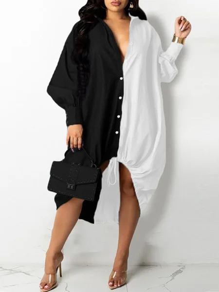 

Color Block Loosen Long Sleeve Woven Dress, Black-white, Midi Dresses