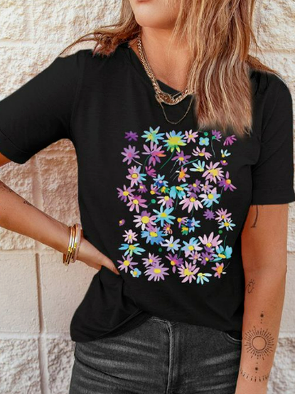 

Loosen Floral Crew Neck Short Sleeve T-Shirt, Black, T-Shirts