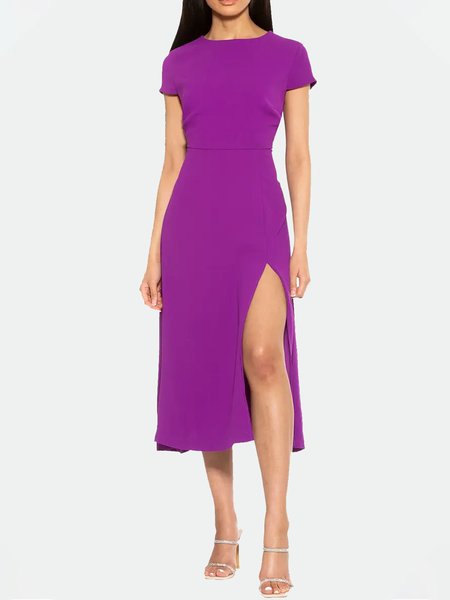 

Regular Fit Slit Short Sleeve Woven Dress, Purple, Midi Dresses