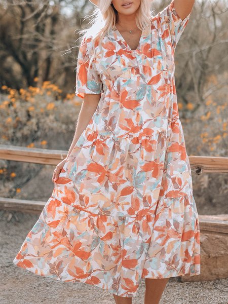 

V Neck Vacation Ruched Floral Short Sleeve Woven Dress, Light orange, Dresses