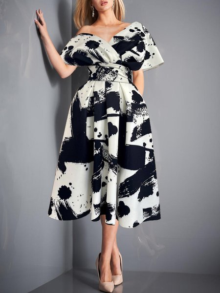

Elegant Regular Fit V Neck Short Sleeve Woven Dress, Black, Midi Dresses