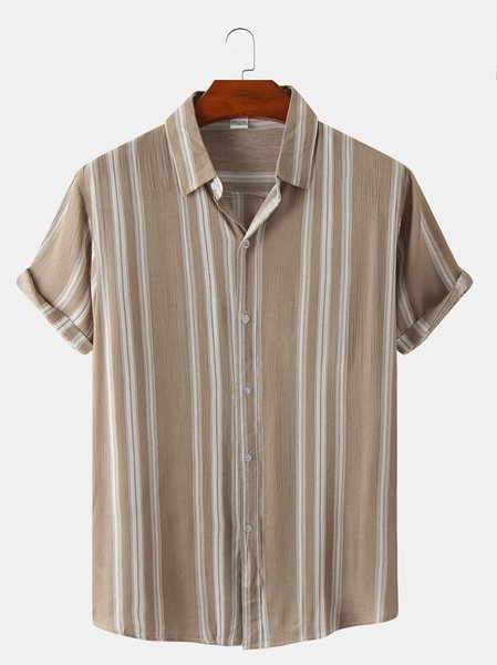

Shirt Collar Striped Casual Short Sleeve Shirts, Brown, Shirts ＆ Blouse