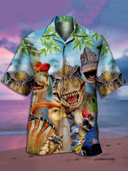 

Men's Dinosaur Element Print Casual Fabric Fashion Hawaiian Collar Short Sleeve Shirt, Green, Men's Floral shirt