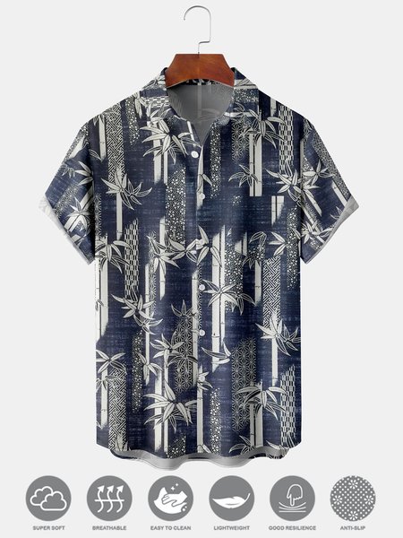 

Men's Leaf Print Moisture Wicking Fabric Trendy Lapel Short Sleeve Shirt, Blue, Men's Floral shirt