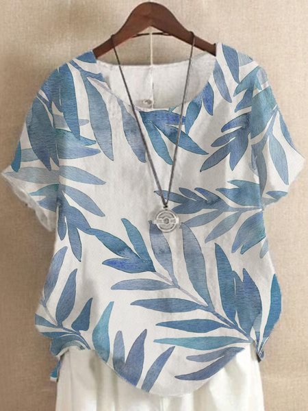 

Leaves Crew Neck Casual Short Sleeve T-Shirt, Blue, Tops