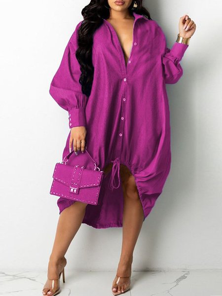 

Shirt Collar Oversize Solid Long Sleeve Woven Dress, Purple, Midi Dresses