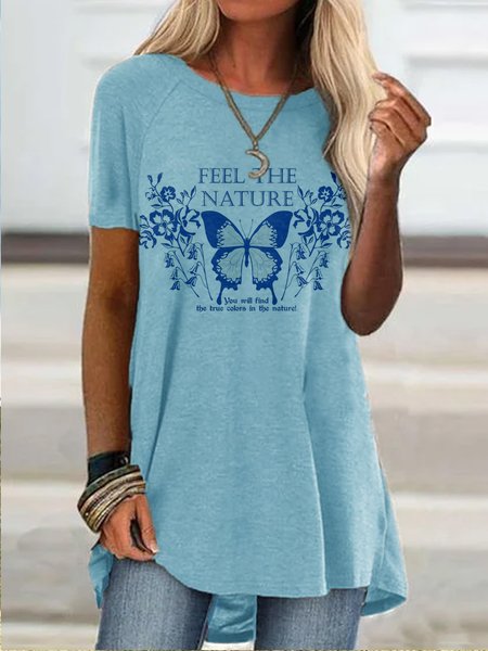 

Crew Neck Loosen Short Sleeve Tops, Blue, Shirts & Blouses