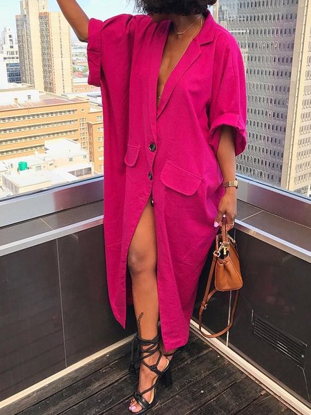 

Solid Flat Collar Short Sleeve Woven Dress, Rose red, Maxi Dresses