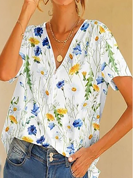

Floral Vacation Short Sleeve Tops, Multicolor, Shirts & Blouses