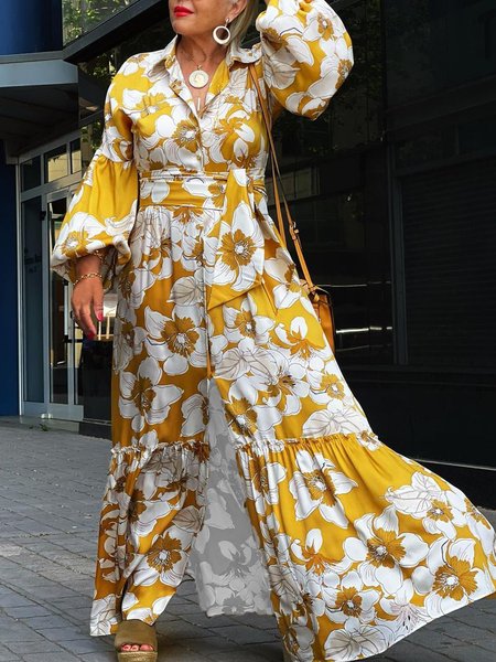 

Printed Vacation Long Sleeve Shirt Collar Dress, Yellow, Maxi Dresses