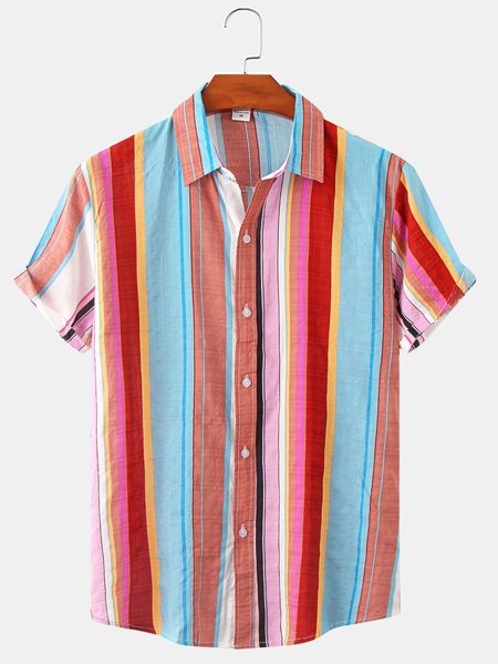 

Short Sleeve Striped Cotton Blends Casual Short Sleeve Shirt, Blue, Shirts ＆ Blouse