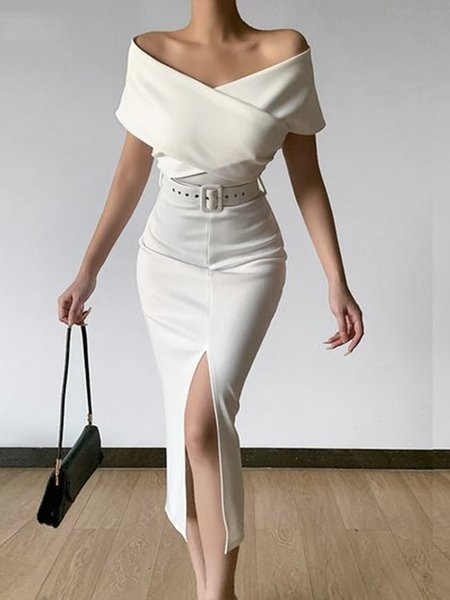 

Elegant Off The Shoulder Plain Short Sleeve Knit Dress, White, Midi Dresses
