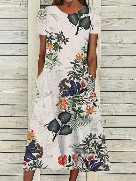 

Casual Floral Print Short Sleeve Crew Neck Midi Dress, Apricot, Dresses