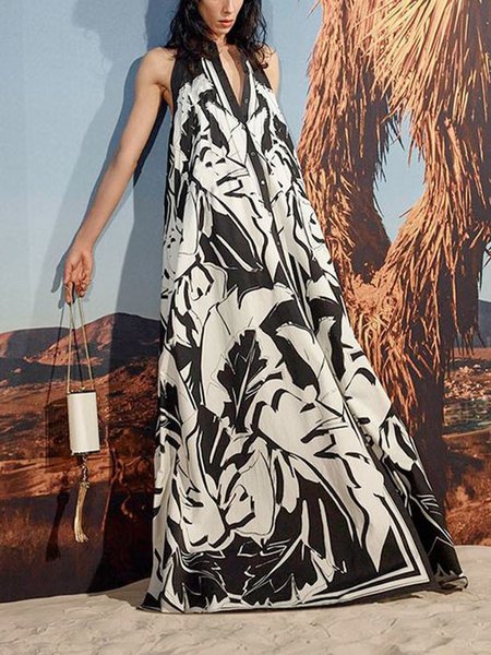 

Shirt Collar Printed Elegant Sleeveless Woven Maxi Dress, Black-white, Maxi Dresses